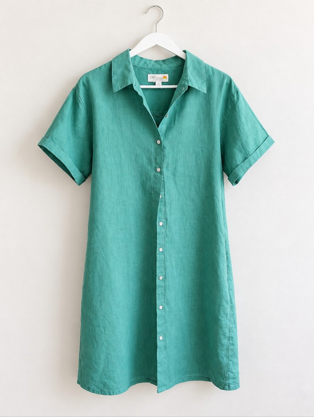 C&C California Teal Short-Sleeve Button-Front Shirt Dress 100% Linen w/ Pockets